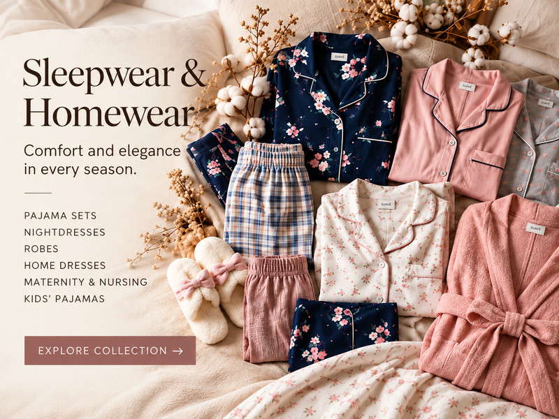 Sleepwear & Homewear — Comfort and elegance in every season. Pajama sets, nightdresses, robes, home dresses, maternity & nursing, kids' pajamas.