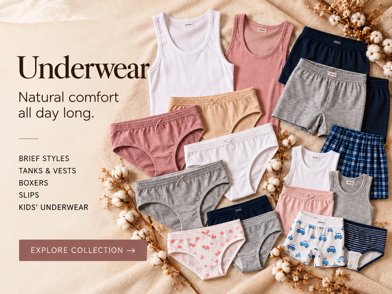Underwear — Natural comfort all day long. Brief styles, tanks & vests, boxers, slips, kids' underwear.