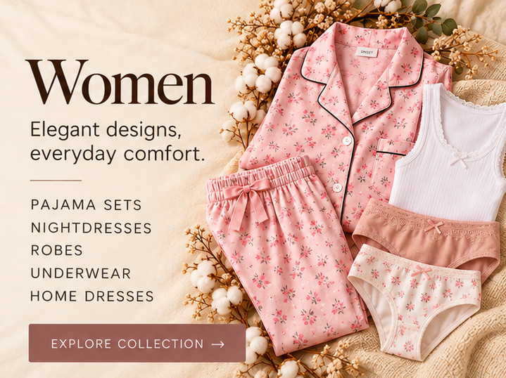 Women — Elegant designs, everyday comfort. Pajama sets, nightdresses, robes, underwear, home dresses.