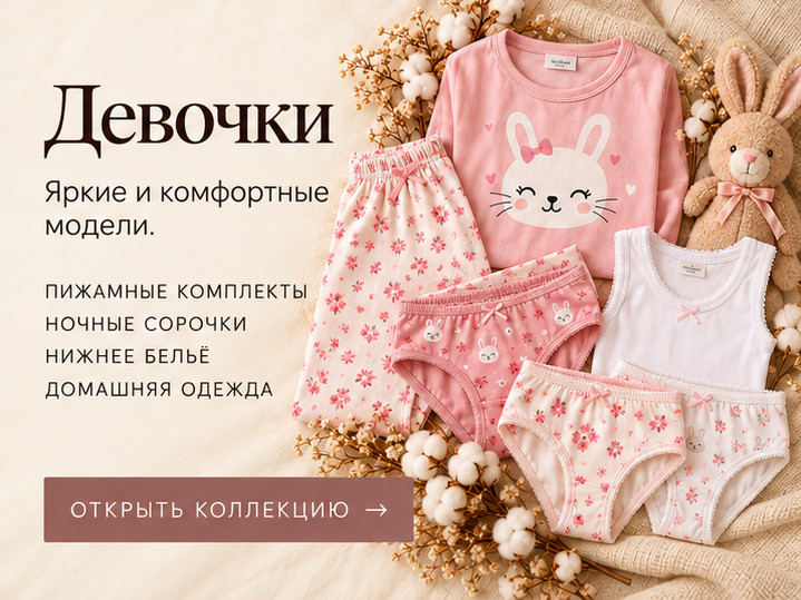 Девочки — яркие и комфортные модели. Пижамные комплекты, ночные сорочки, нижнее бельё, домашняя одежда.