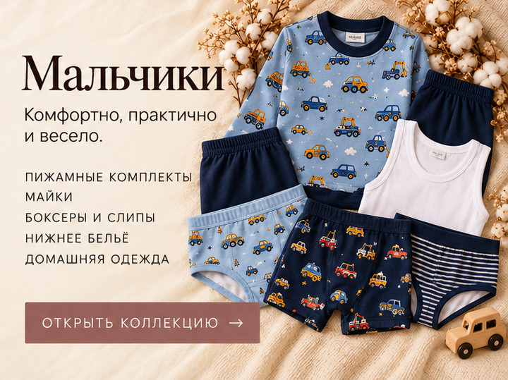 Мальчики — комфортно, практично и весело. Пижамные комплекты, майки, боксеры и слипы, нижнее бельё, домашняя одежда.