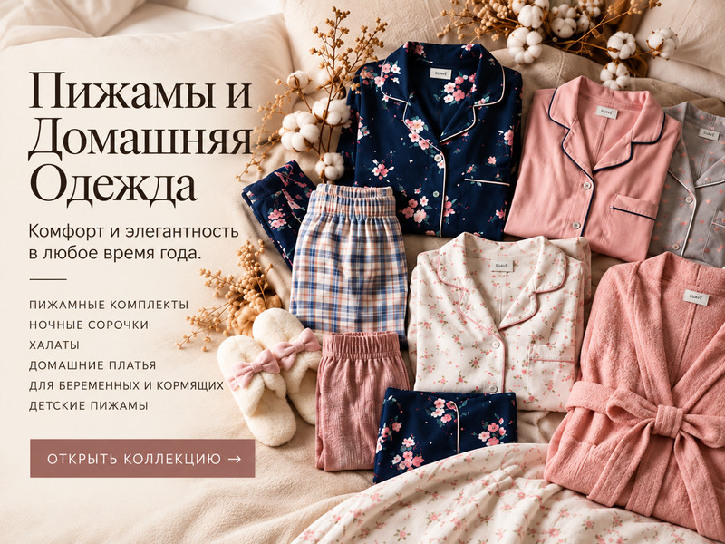 Пижамы и домашняя одежда — комфорт и элегантность в любое время года. Пижамные комплекты, ночные сорочки, халаты, домашние платья, для беременных и кормящих, детские пижамы.
